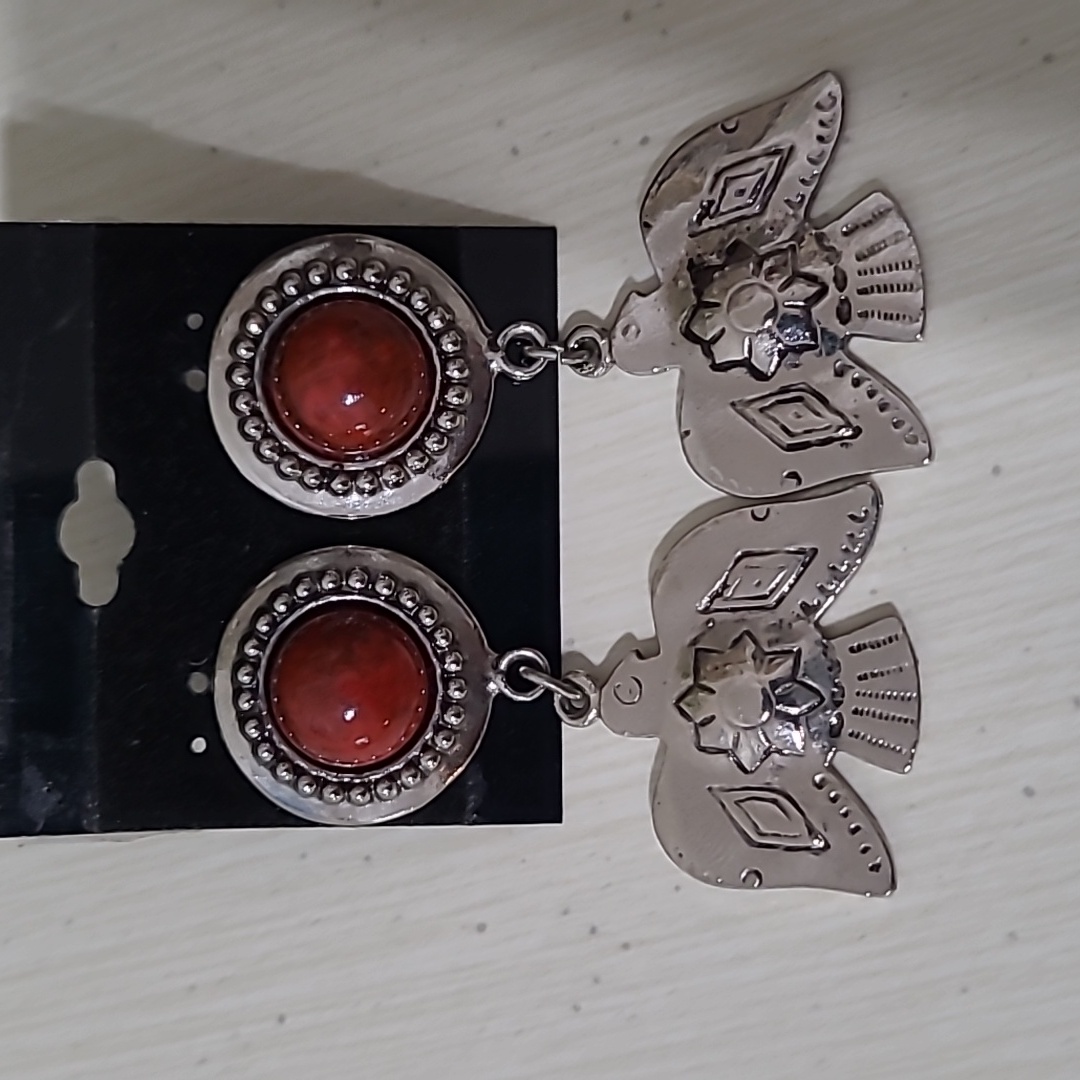 Ruby Red Silver Bird Dangle Earrings
